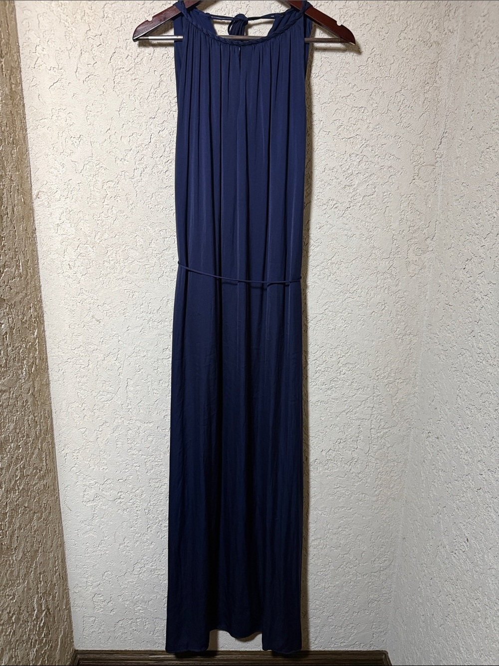 Navy Silk-Like A-line Halter Belted Maxi Dress - Picture 4 of 7